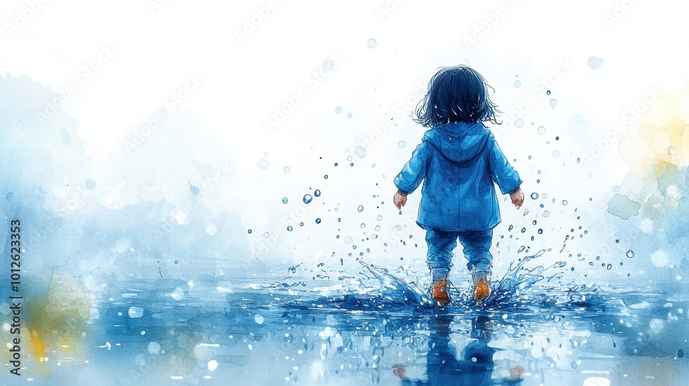 A zoomed-out minimal cartoon of a child splashing in a large puddle in a blue raincoat, surrounded by light raindrops and empty space on a white watercolor background A zoomed-out minimal cartoon of a child splashing in a large puddle in a blue raincoat, surrounded by light raindrops and empty space on a white watercolor background