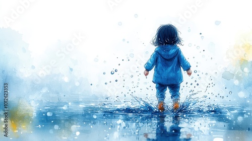 A zoomed-out minimal cartoon of a child splashing in a large puddle in a blue raincoat, surrounded by light raindrops and empty space on a white watercolor background 