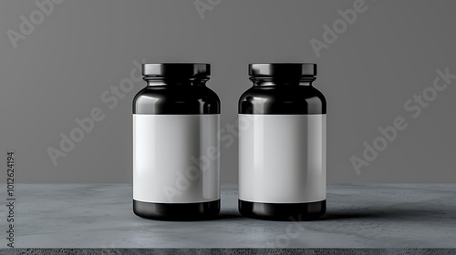 Two black bottles with white labels, a minimal and clean design perfect for branding and product presentation.