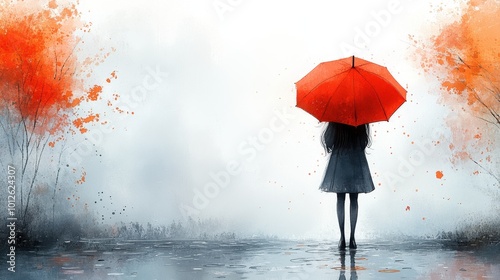 A zoomed-out minimal cartoon of a girl standing in a puddle with an umbrella, surrounded by light raindrops on a white watercolor background 
