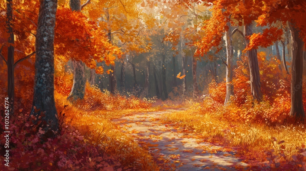 Experience a magical autumn path in a peaceful forest, surrounded by a breathtaking display of fiery fall colors for a tranquil escape Experience a magical autumn path in a peaceful forest, surrounded by a breathtaking display of fiery fall colors for a tranquil escape