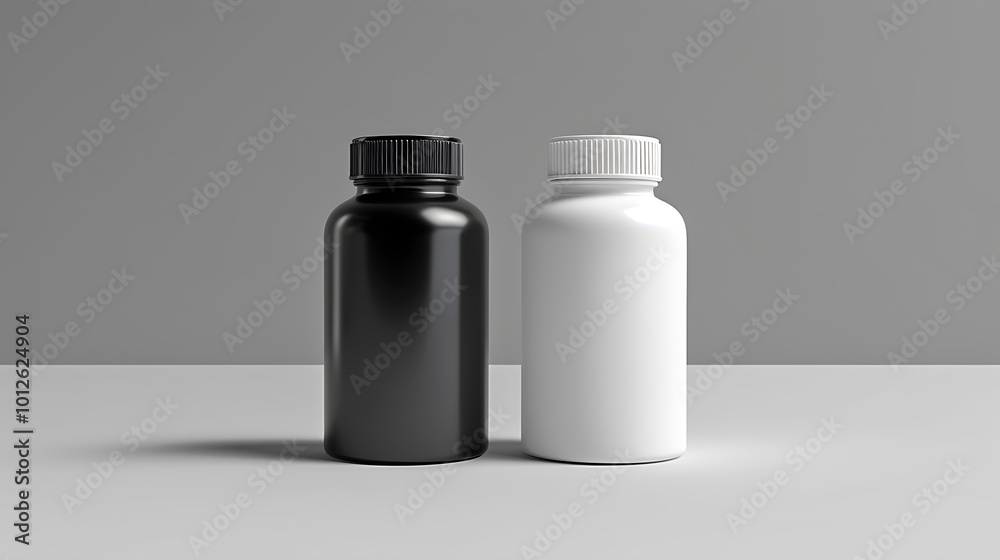 Two plastic bottles, one black and one white, stand side by side on a grey surface. Two plastic bottles, one black and one white, stand side by side on a grey surface.