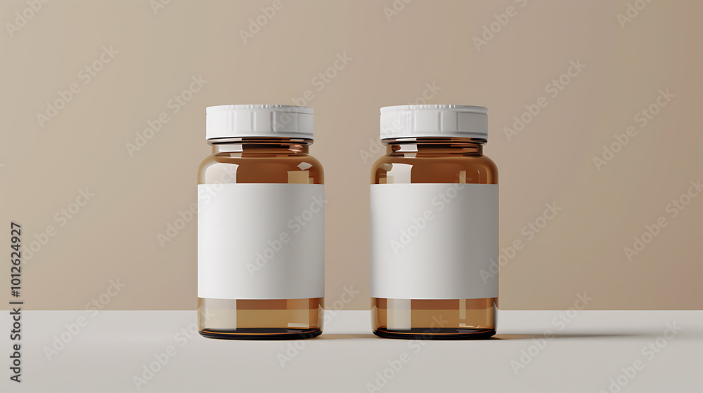 Two amber glass bottles with blank white labels, ready for your branding. Two amber glass bottles with blank white labels, ready for your branding.