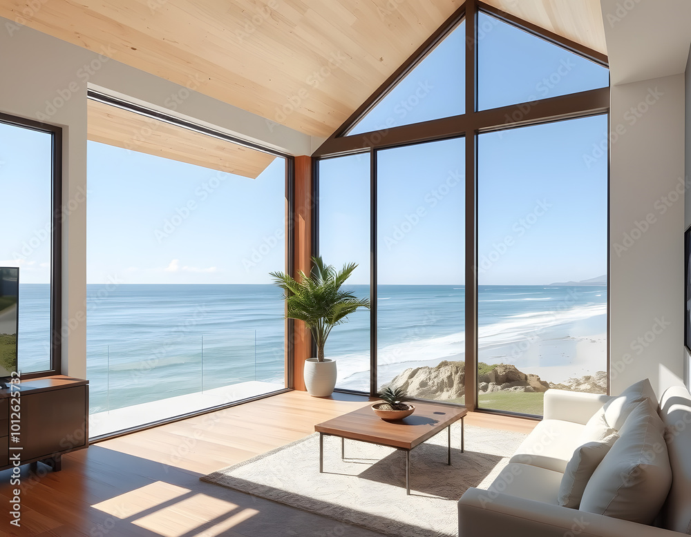 Fototapeta premium A living room with a couch and a table with a view of the ocean