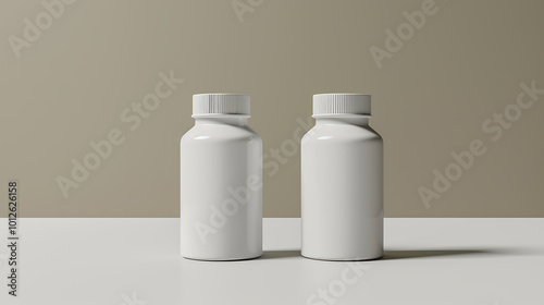 Two white pill bottles on a white table against a tan backdrop. Mockup design concept.