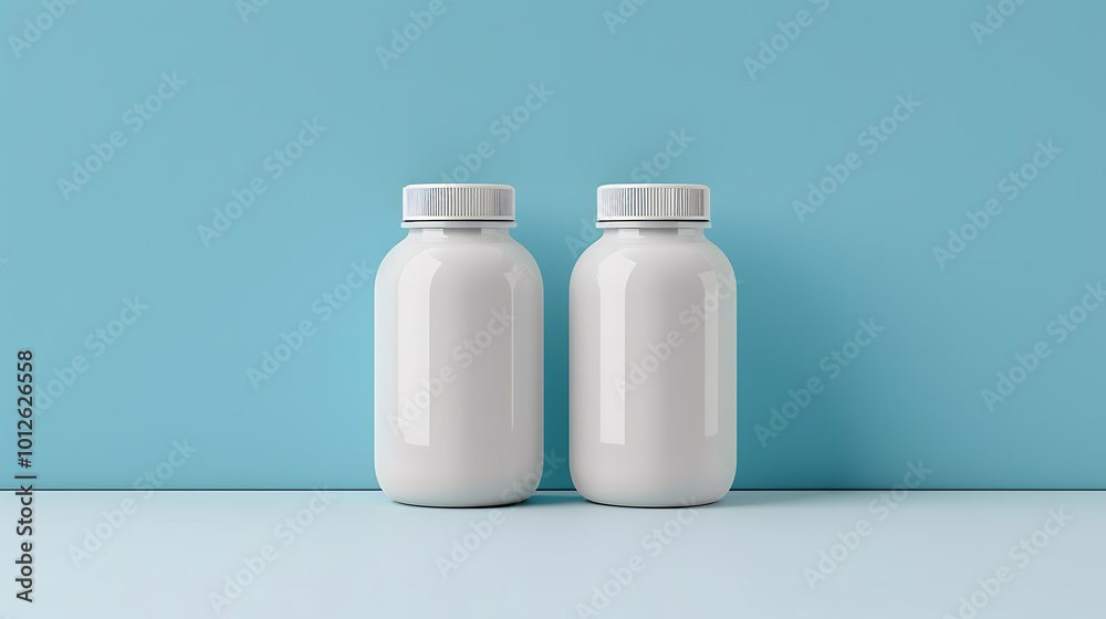 Two white bottles on a blue surface against a blue background. Two white bottles on a blue surface against a blue background.