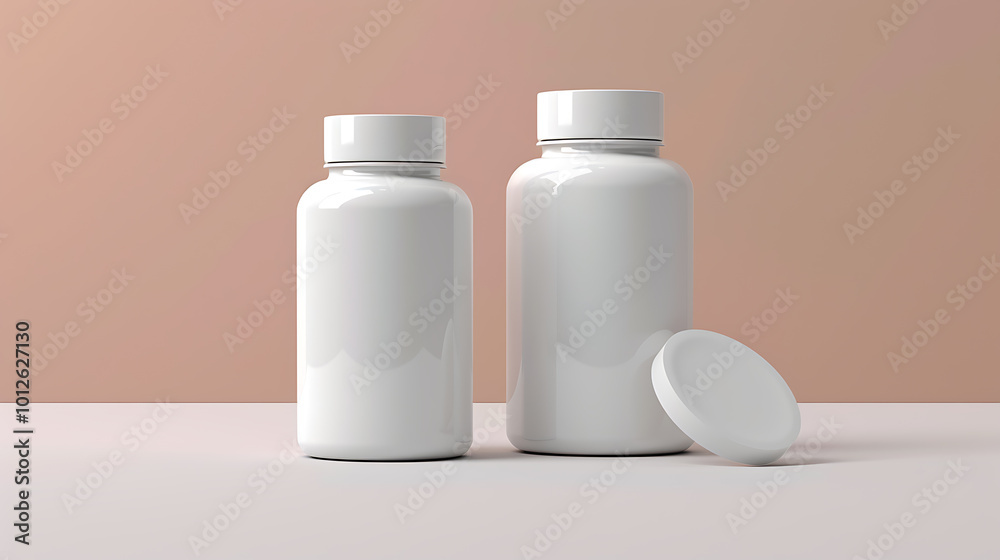 Two white pill bottles and a lid, on a white surface in front of a peach colored wall. Two white pill bottles and a lid, on a white surface in front of a peach colored wall.