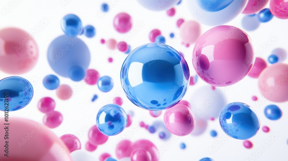 Realistic 3D composition of flying shapes, with metallic blue and pink spheres, torus, tubes, and cones, isolated on a pristine white background
