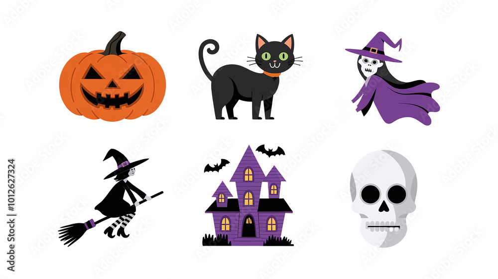 Fototapeta premium Variety of halloween decor accessoires, pumpkin, cat, witch,skull, ghost , flat, illustration, isolated on white or transparent, png, Generative Ai