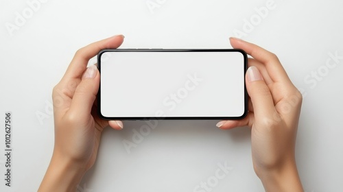 Person Holding Phone with Blank Screen on White Background