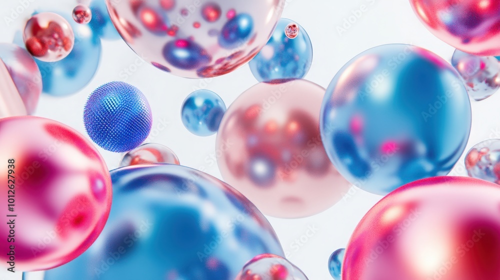 Realistic 3D render of flying shapes in motion, showcasing spheres, torus, tubes, and cones in metallic hues of blue and pink, set on a white background Realistic 3D render of flying shapes in motion, showcasing spheres, torus, tubes, and cones in metallic hues of blue and pink, set on a white background