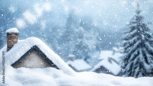 A tranquil winter wonderland with snow-covered rooftops, chimneys, and trees creating a serene and picturesque scene. 