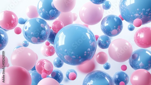 Realistic 3D render of flying shapes, with metallic blue and pink spheres, torus, tubes, and cones dynamically arranged on a white background