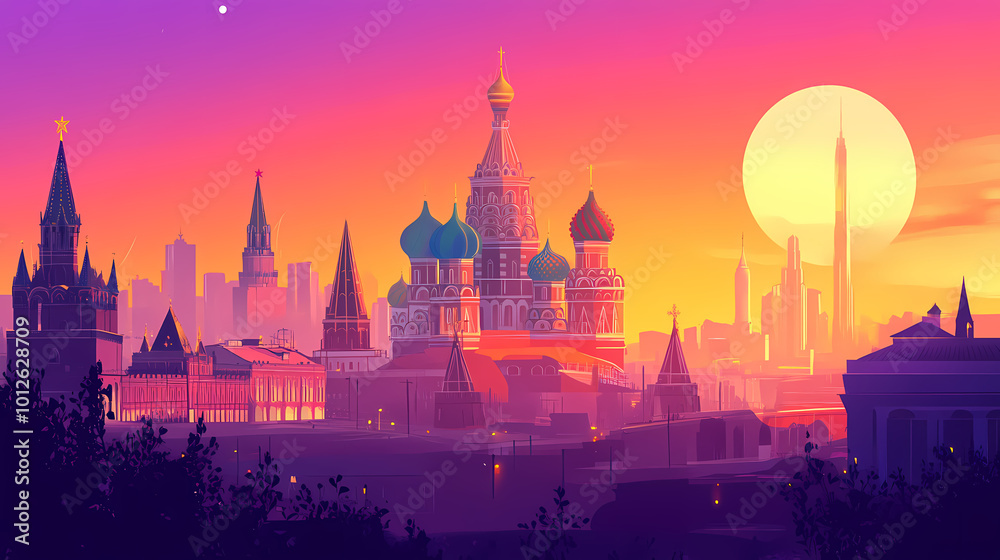 Fototapeta premium Moscow city abstract colourful skyline travel poster design illustration, cathedral church famous russian architecture. Russian Cathedral. Illustration