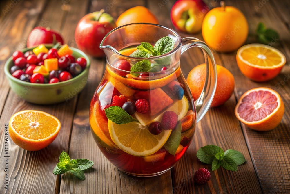 Fruit sangria in pitcher with red wine berries and mint Fruit sangria in pitcher with red wine berries and mint