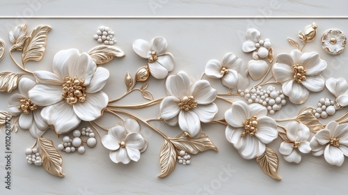 Refined white gold floral border art with intricate jewelry-like elements. The combination of delicate flowers and gold accents creates a luxurious visual appeal