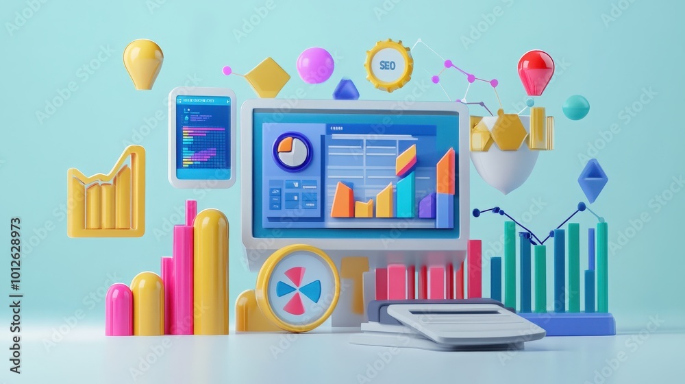 Render of a 3D SEO marketing concept with web analytics dashboards, SEO tools, and growth tracking, highlighting a strategic approach to digital marketing Render of a 3D SEO marketing concept with web analytics dashboards, SEO tools, and growth tracking, highlighting a strategic approach to digital marketing