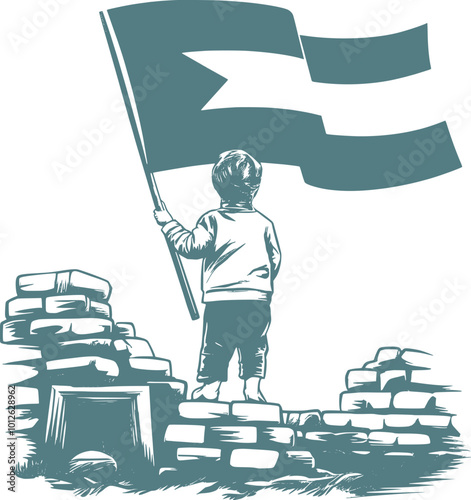 A Philistines child standing on the rubble holding Philistines flag black and white vector illustration generated Ai