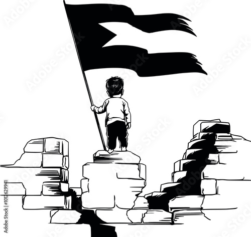 Hand drawing a Philistines child standing on the rock on the hand Philistines flag black and white concept vector illustration generated Ai