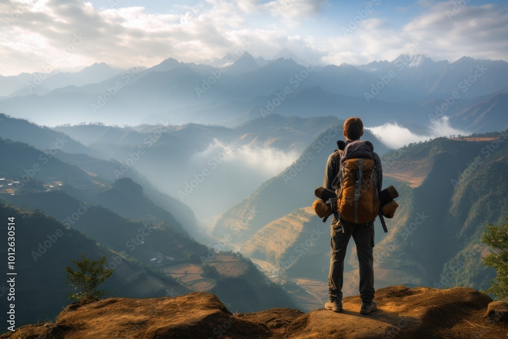 Backpacker with a camera slung around their neck, standing on a mountain trail with expansive views of the valley below Backpacker with a camera slung around their neck, standing on a mountain trail with expansive views of the valley below