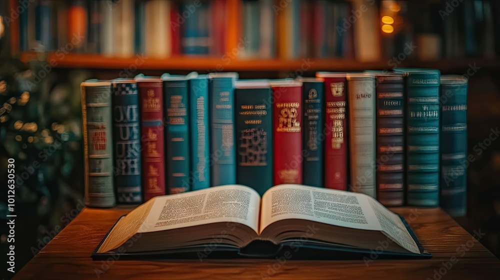 An open book lying on a wooden table with a stack of colorful books in the background, their bright covers and bold titles catching the light in a cozy reading nook. An open book lying on a wooden table with a stack of colorful books in the background, their bright covers and bold titles catching the light in a cozy reading nook.