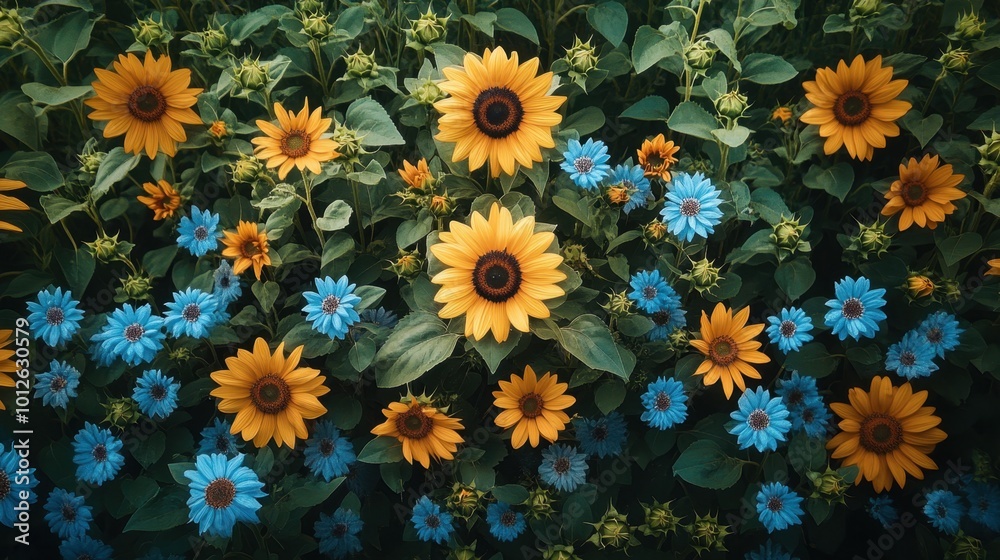 Aerial view of a sunflower field, captured from above, showcasing the vibrant colors and patterns Aerial view of a sunflower field, captured from above, showcasing the vibrant colors and patterns