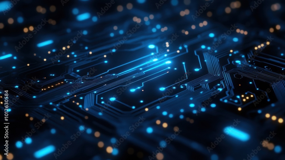 Obraz premium Blue circuit board background with bokeh lights. Digital concept banner on dark background with modern technology