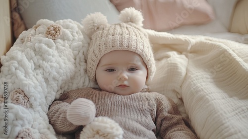 A baby bundled up in a hand-knitted hat and booties, lying in a soft blanket in a cozy nursery setting, with pastel colors in the background.