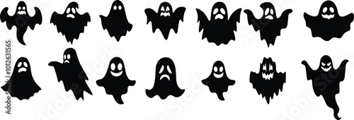 Ghost icon set Vector. Halloween concept, Cartoon Ghosts, black ghost with eyes, spooky character, ghoul or spirit monsters silhouettes with spooky faces. Horror holiday flying phantoms or nightmare