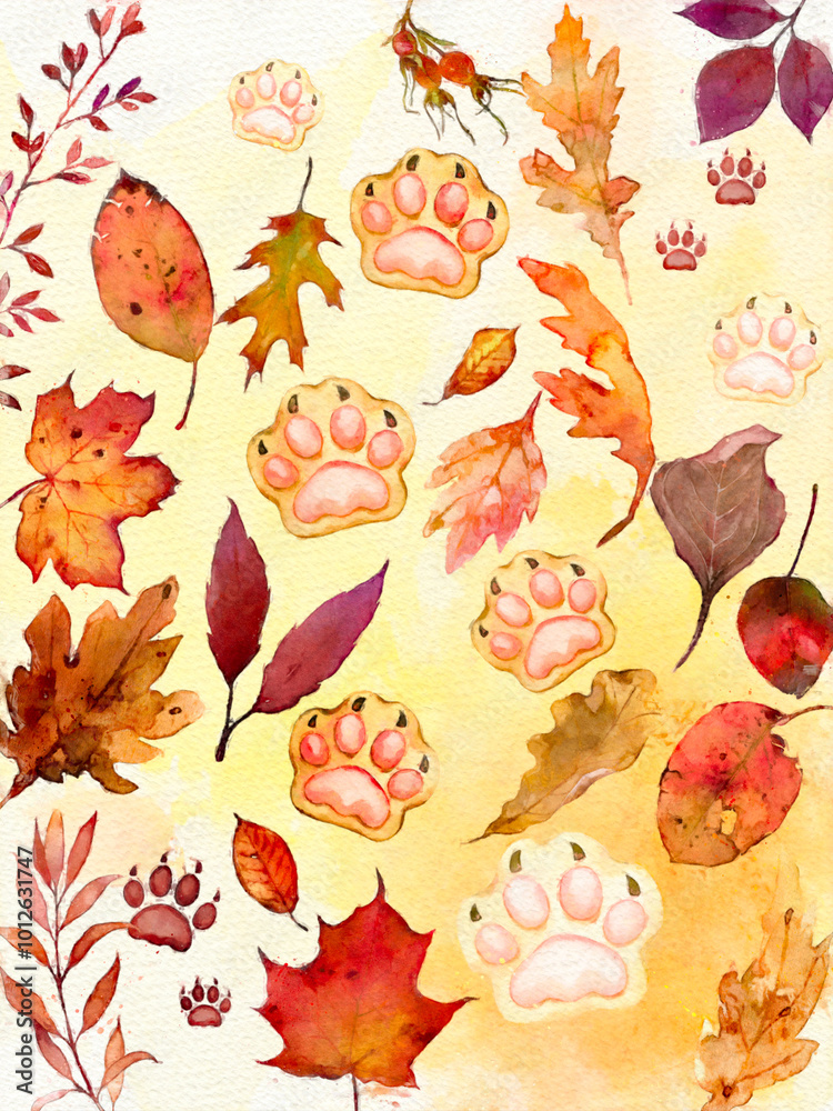 Fototapeta premium Autumn Leaves with Paw Prints