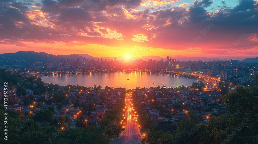 Aerial view of a vibrant city during twilight, captured from above, showcasing the urban beauty and lights Aerial view of a vibrant city during twilight, captured from above, showcasing the urban beauty and lights