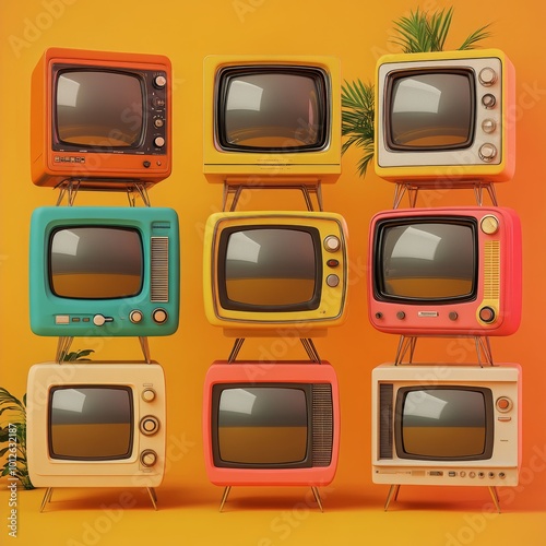 Vintage Televisions Retro Design Wall Decor Orange Background