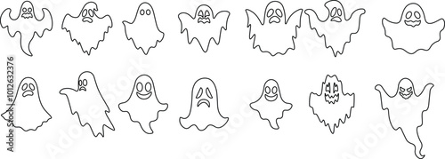 Ghost icon set Vector. Halloween concept, Cartoon Ghosts, black ghost with eyes, spooky character, ghoul or spirit monsters silhouettes with spooky faces. Horror holiday flying phantoms or nightmare