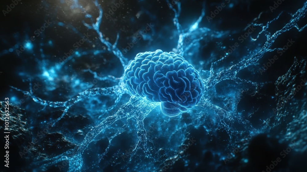 Fototapeta premium A vibrant, glowing blue spinal cord and brain surrounded by a web of nerves stretching outwards, highlighted against a dark backdrop to emphasize the complex structure