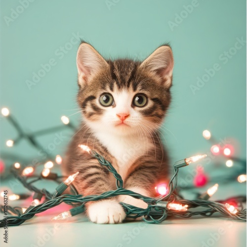 Cute Kitten Playfully Tangled in Christmas Lights