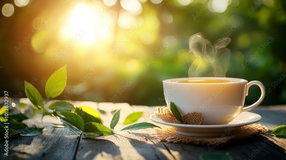 A steaming cup of tea sits on a rustic wooden table with green leaves and a burlap napkin, bathed in warm morning sunlight.