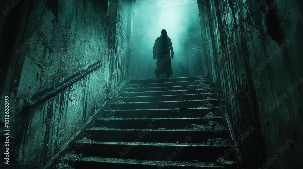 An action-packed scene of a military unit storming into a haunted, empty building, with a ghostly figure hovering above a rusted staircase, illuminated by flashlights An action-packed scene of a military unit storming into a haunted, empty building, with a ghostly figure hovering above a rusted staircase, illuminated by flashlights