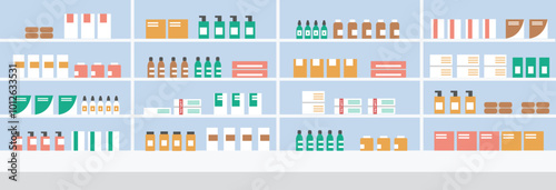Pharmacy illustration. Pharmacy store. Medicine store. Drug store. Drug store shelf display. Pharmacy shelf display. Medical shop. Medical shop. Grocery. Hypermarket. Minimarket.
