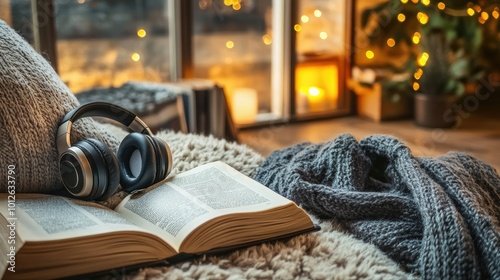 A cozy living room scene with headphones resting on a soft pillow next to an open book, perfect for unwinding with a good audiobook or relaxing music.