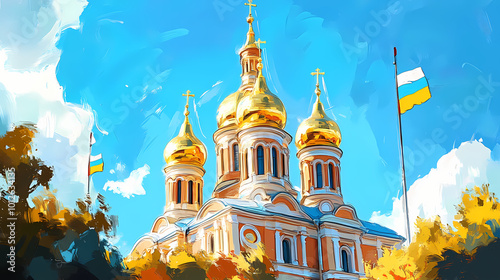 The golden domes of the cathedral of the holy cross in moscow, russia, the flags of the russian federation and the ukraine are flying on the domes. Russian Cathedral. Illustration