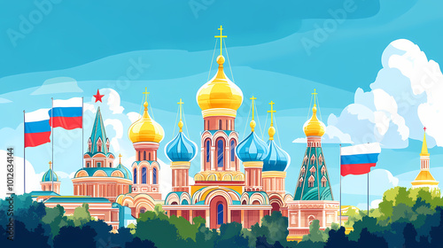 The golden domes of the cathedral of the holy cross in moscow, russia, the flags of the russian federation and the ukraine are flying on the domes. Russian Cathedral. Illustration
