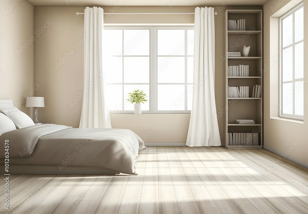 Fototapeta premium Cozy Beige Bedroom with Natural Light and Parquet Flooring