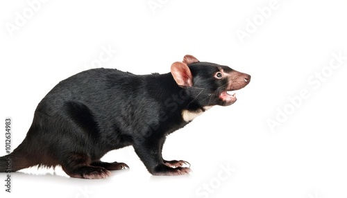 Tasmanian devil - Sarcophilus harrisii - is a carnivorous marsupial extinct from Australia only found in Tasmania. Isolated on white background with copy space. stocky and muscular build, black fur