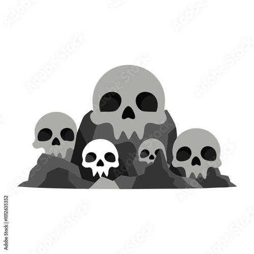  Giant skull carved into rocky mountain flat vector illustration white background.