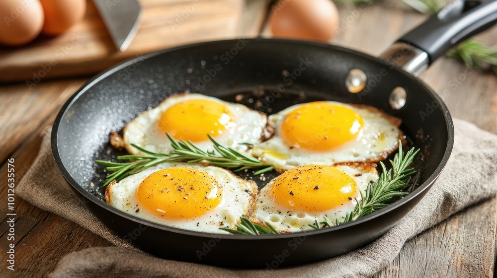 A frying pan with golden fried eggs and rosemary sprigs, placed on a rustic wooden table, with a knife and cutting board visible in the background. A frying pan with golden fried eggs and rosemary sprigs, placed on a rustic wooden table, with a knife and cutting board visible in the background.