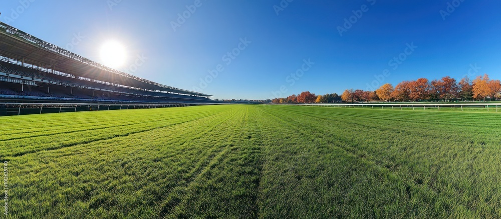 Fototapeta premium Wide shot of a green race track with bleachers and a blue sky with the sun in the background.