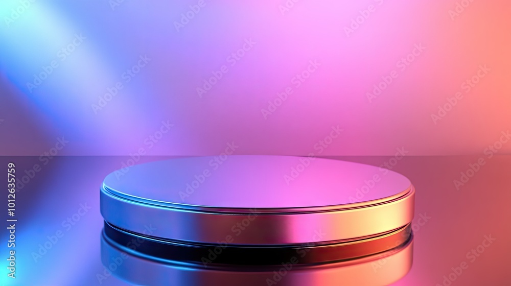 A futuristic 3D round podium with a glossy, metallic finish, illuminated by soft light rays, placed on a reflective surface with a gradient background.