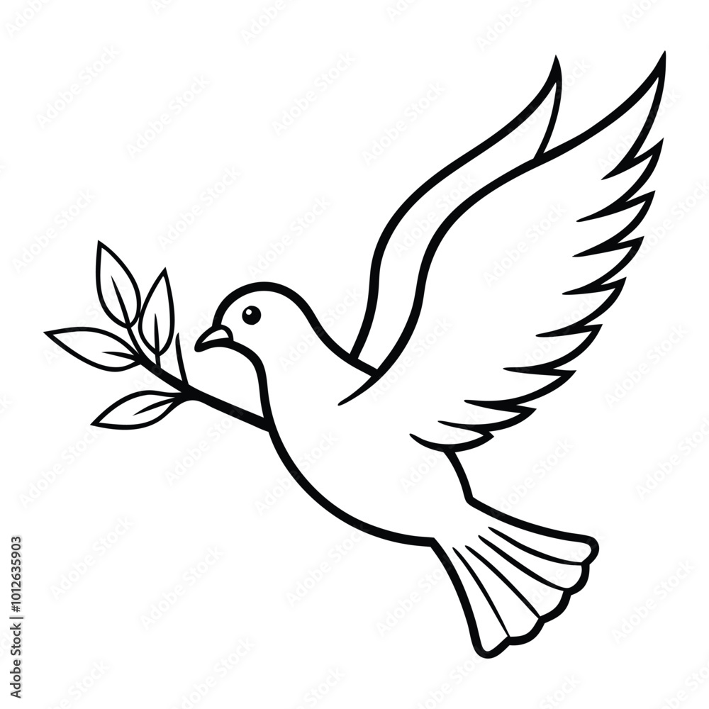 Obraz premium A dove in flight holds an olive branch in its beak. Peace and harmony concept. Religious symbol