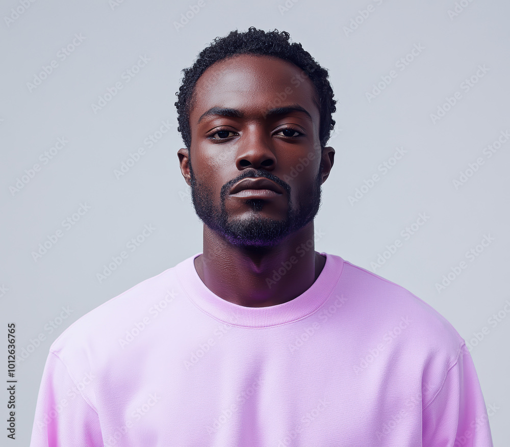 Obraz premium A man with a beard and a pink shirt. He is looking at the camera. The shirt is pink and the man is wearing it