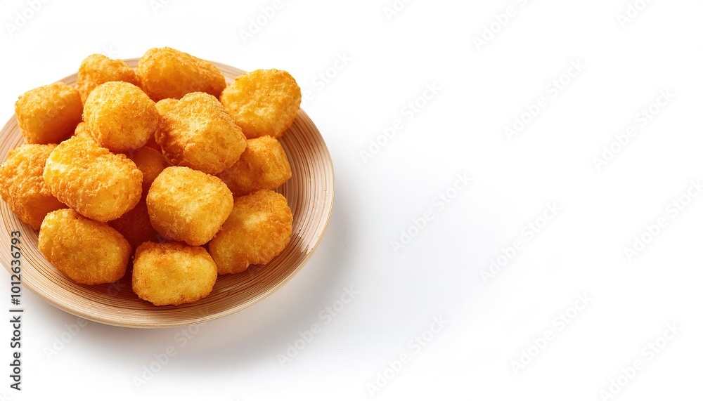 Tater tots, baby taters, crowns or potato gems are grated potatoes formed into small cylinders and deep fried usually served with ketchup sauce to dip in. Isolated on white background with copy space Tater tots, baby taters, crowns or potato gems are grated potatoes formed into small cylinders and deep fried usually served with ketchup sauce to dip in. Isolated on white background with copy space